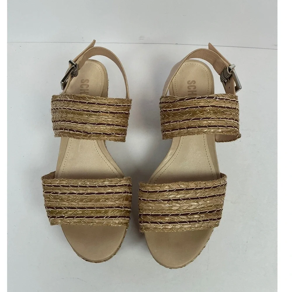 Schutz Womens 7.5B Gold Woven Straw Platform Wedge Slingback‎ Sandals Brazil